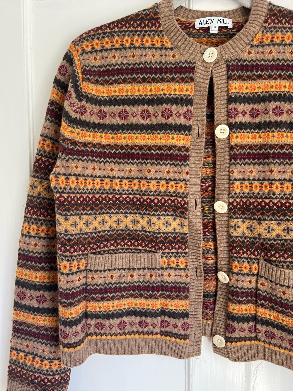 Alex Mill Tan Fair Isle Button-Front Cardigan with Mustard & Burgundy Accents - Picture 4 of 5